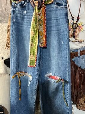 Upcycled Blue High-Rise Wide Leg Distressed Jeans with Scarf-Detail Accents